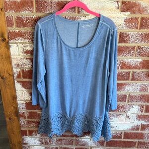Soft Surroundings Light Blue Lace Eyelet Trim Blouse Tunic Women’s Size Large